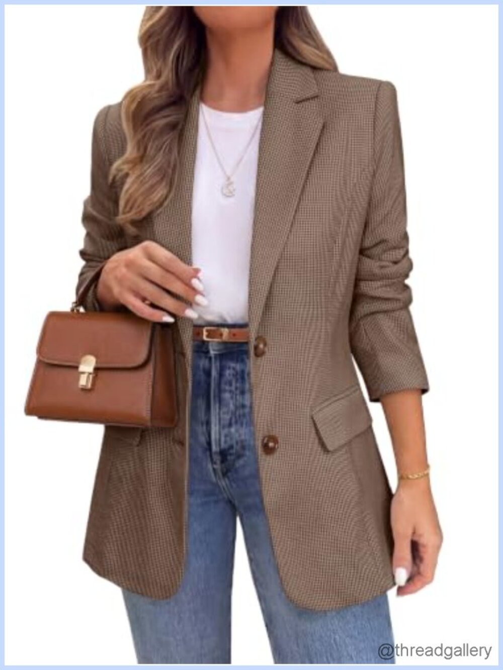Womens Houndstooth Plaid Tweed Blazer Business Casual Suit Jacket